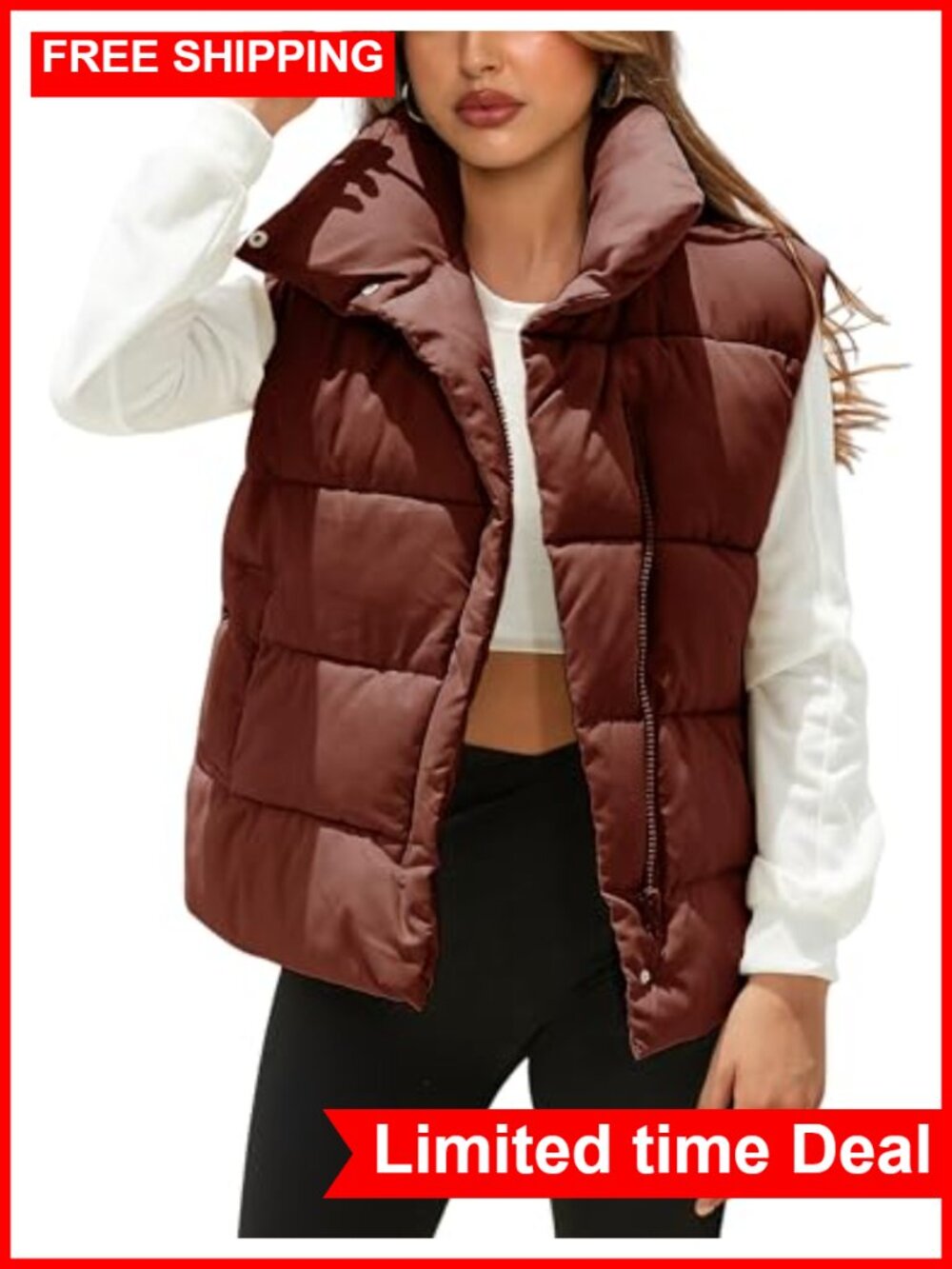 Women's Oversized Quilted Puffer Vest Sleeveless Zip Jacket
